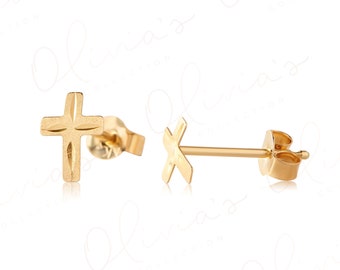 14k Gelbgold Kreuz Ohrstecker, Unisex Erwachsene, Jugendliche, Kinder, Ohrläppchen Oberlappen Knorpel