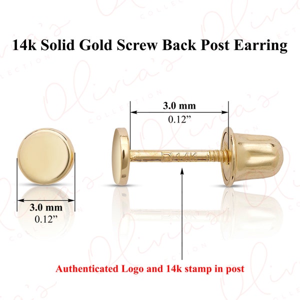 14k Yellow Gold Screw Backs Stud Earrings (3.0-5.0mm) Unisex Adult, Woman, Teens, Upper-lobe, Cartilage