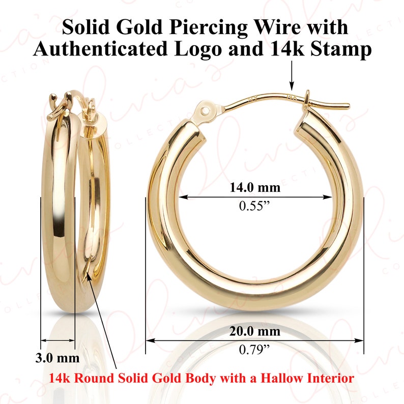 14k Yellow Gold Classic Chunky Hoop Earrings 16-50 x 3.0mm, Piercing to Lobe, Upper-lobe for Women, Men, Teens 20mm Yellow-1pair