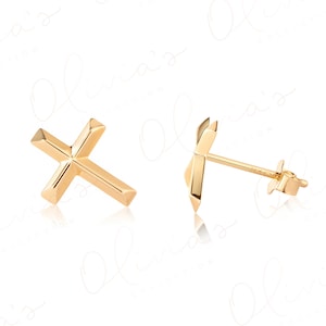 14k Gelbgold Kreuz Ohrstecker 6.8x9.2 mm, Unisex Erwachsene, Jugendliche, Kinder, Ohrläppchen Oberlappen Knorpel