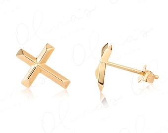 14k Gelbgold Kreuz Ohrstecker 6.8x9.2 mm, Unisex Erwachsene, Jugendliche, Kinder, Ohrläppchen Oberlappen Knorpel