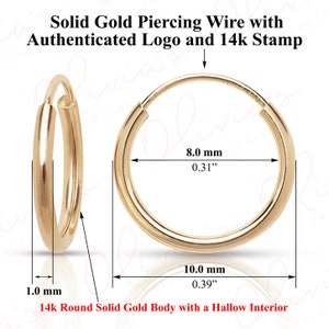 14k Yellow Gold Lightweight Endless Hoop Earrings (10-20mm), True 1.0mm Diameter Piercing Hoop to Lobe, Upper-lobe for Women, Men, Teens