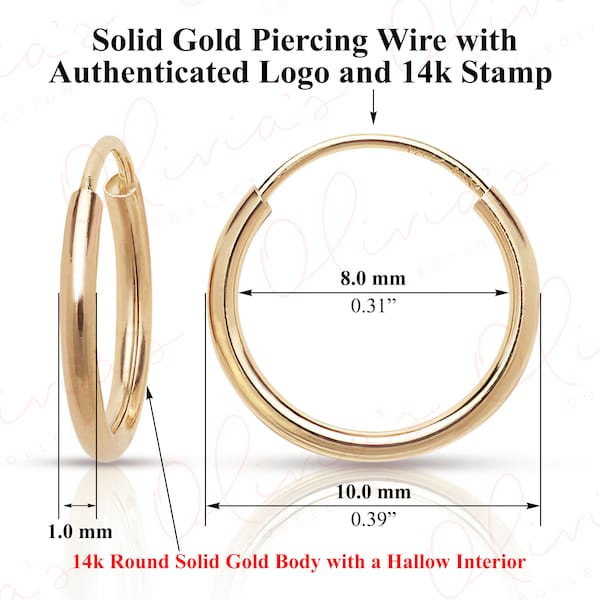 14k Yellow Gold Lightweight Endless Hoop Earrings (10-20mm), True 1.0mm Diameter Piercing Hoop to Lobe, Upper-lobe for Women, Men, Teens