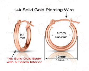 14k Rose (Pink) Gold Hoop Earrings (13-25x2.0mm), Piercing to Lobe, Upper-lobe for Women, Men, Teens