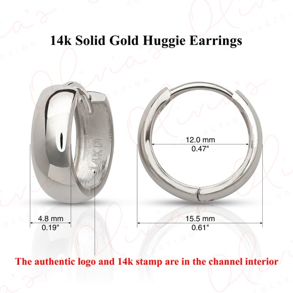 14k White or Yellow or Rose Gold Wide Dome Huggie Earrings (15.5x4.8mm), Unisex Adult, Woman, Teens