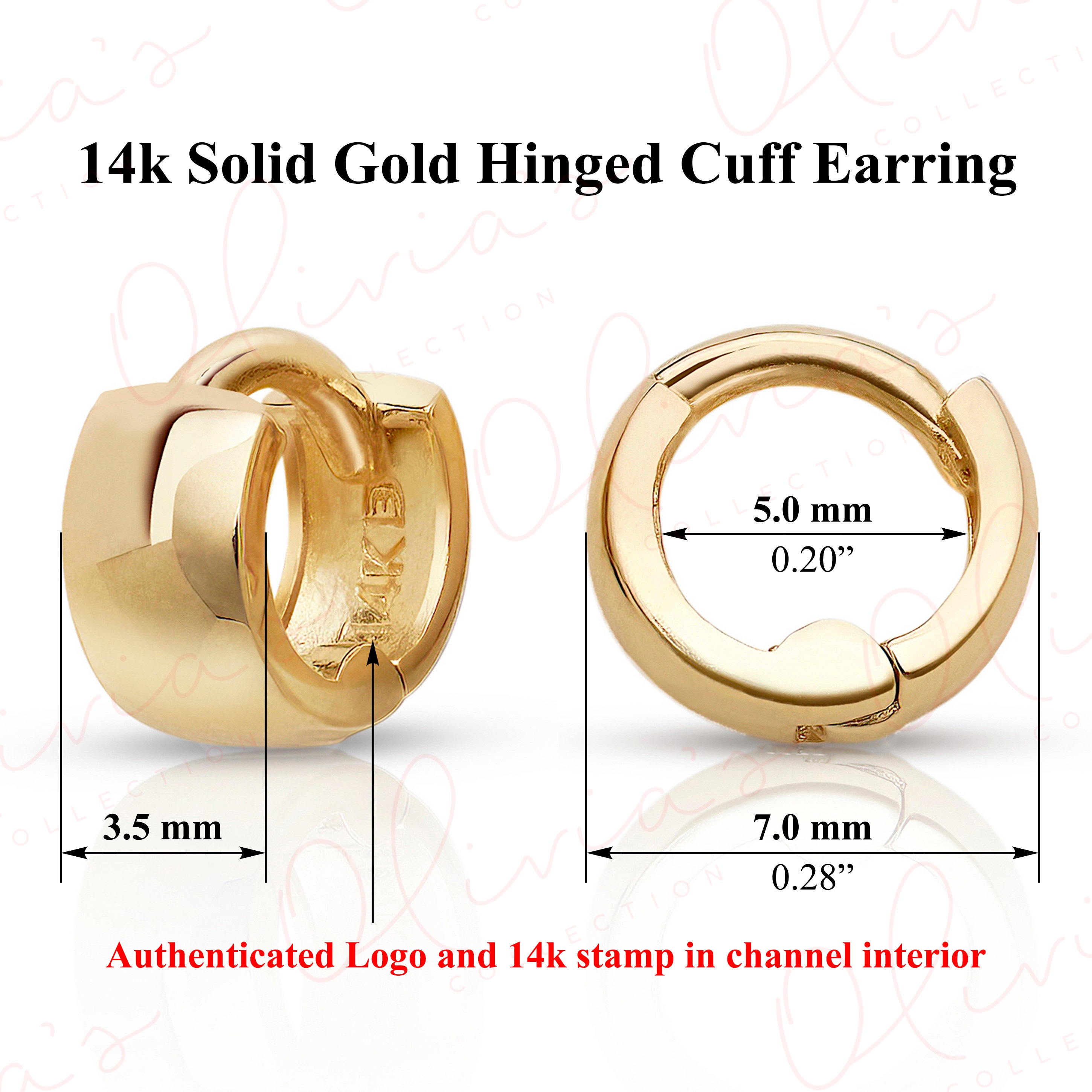 14k White or Yellow Solid Gold Mini-Click Ear-Cuffs or Huggie Earrings (7.0-14.0x3.5mm), Piercing to Lobe, Upper-lobe for Women, Men, Teens
