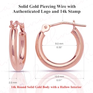 14k Rose (Pink) Gold Hoop Earrings (13-25x2.0mm), Piercing to Lobe, Upper-lobe for Women, Men, Teens