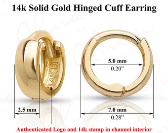 14k White or Yellow Solid Gold Mini-Click Ear-Cuffs or Huggie Earrings (7.0- 13.5x2.5mm), Piercing to Lobe, Upper-lobe for Women, Men, Teens