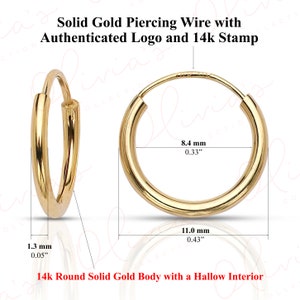 14k Yellow Gold Mediumweight Endless Hoop Earrings (11-35mm), True 1.3mm Diameter Piercing Hoop to Lobe, Upper-lobe for Women, Men, Teens