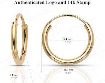 14k Yellow Gold Endless Hoop Earrings: 1.3mm Piercing Wire (11-35mm) Made in USA
