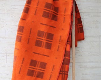 New Wool blanket 145 195 ,vintage checkered orange blanket, russian woolen blanket, blanket on coat jacket, plaid blanket.