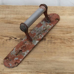 Antique Industrial Door Handle with Backplate, Rustic Farmhouse Iron Entry Pull, Mid-Century Reclaimed Hardware, Architectural Salvage
