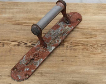 Antique Industrial Door Handle with Backplate, Rustic Farmhouse Iron Entry Pull, Mid-Century Reclaimed Hardware, Architectural Salvage
