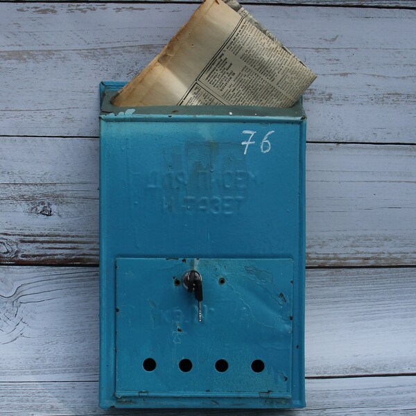 Wall mount mailbox, briefkasten vintage, blue antique mail box, retro wall mounted letter-box, soviet old post box outdoor made in USSR.