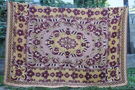 Vintage Jacquard Floral Bedspread, Brown Cotton Coverlet, Ukraine