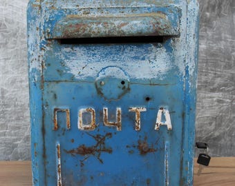 ビンテージブルーメタル郵便ポスト、ソビエト壁掛け式郵便ポスト、1960
