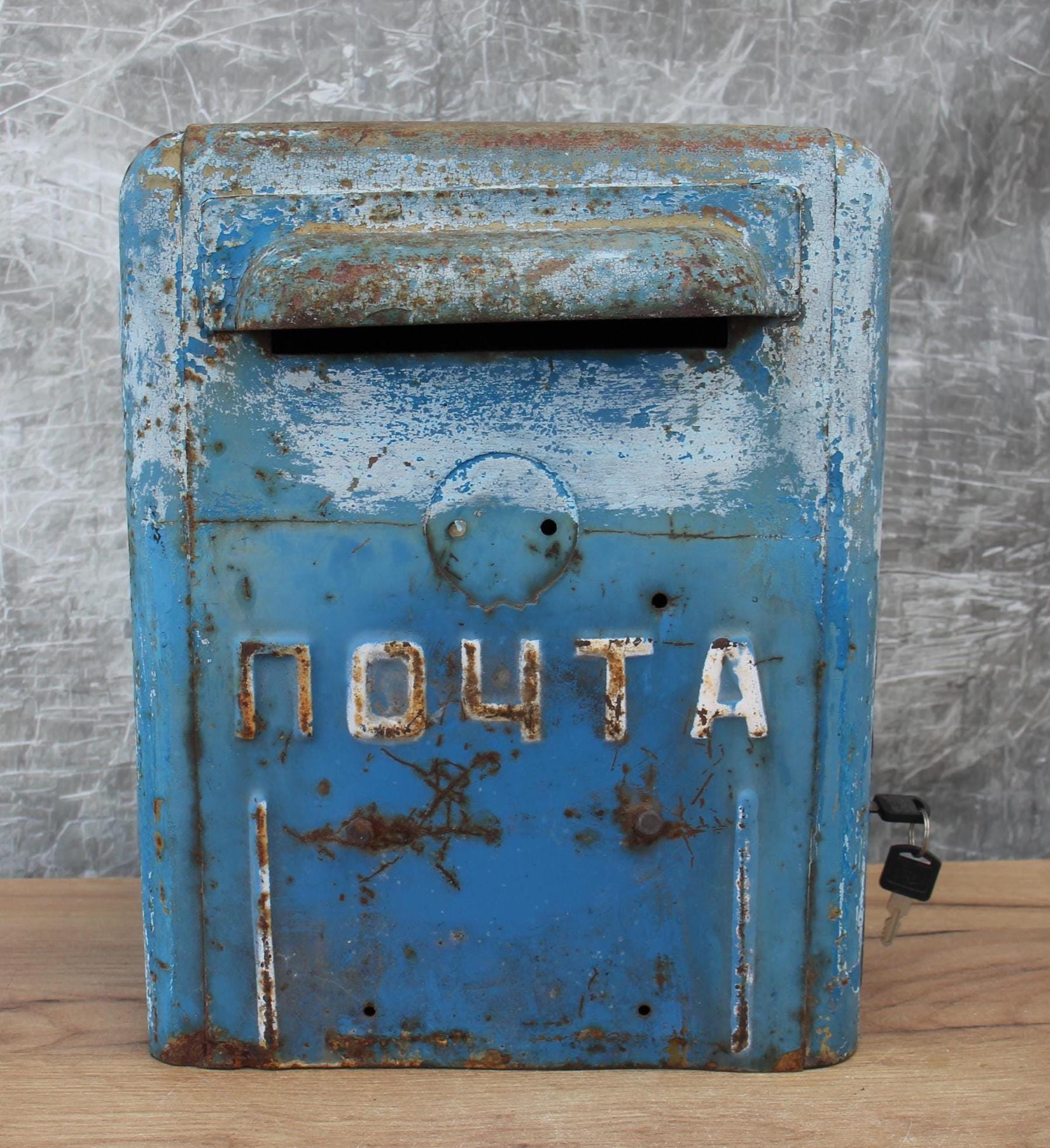 Vintage Blue Metal Mailbox, Soviet Wall Mount Letter Box, 1960s
