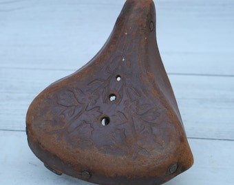 Vintage Leather Bicycle Seat, Floral Embossed, USSR Retro Bike Part