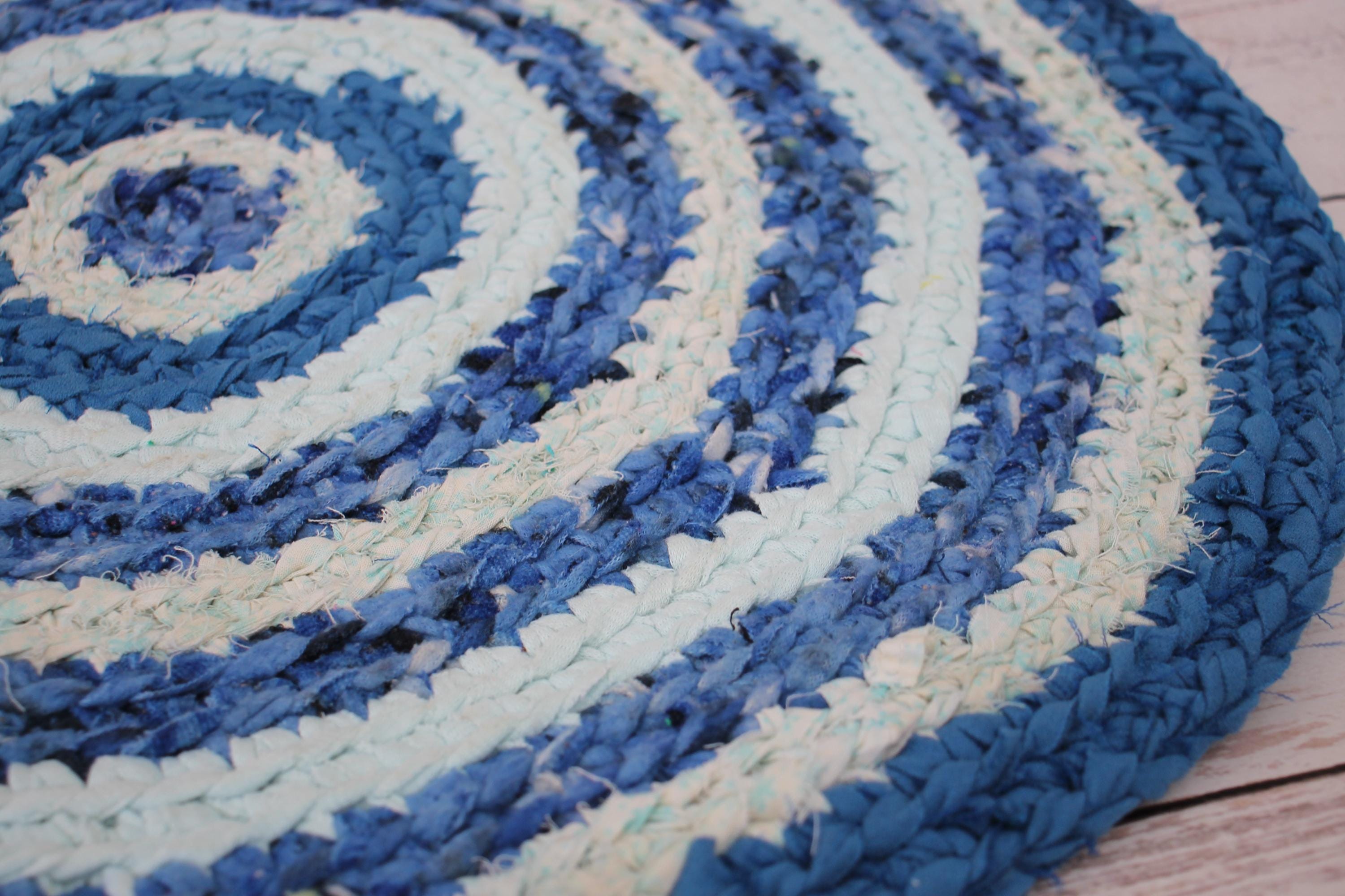 Handmade Blue Round Rag Rug, Upcycled Fabric Crochet Mat (19.68
