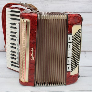 Weltmeister button accordion,Working antique red rare piano button accordion Germany,registers 95 37 keys,vintage muical instruments,Bayan image 1