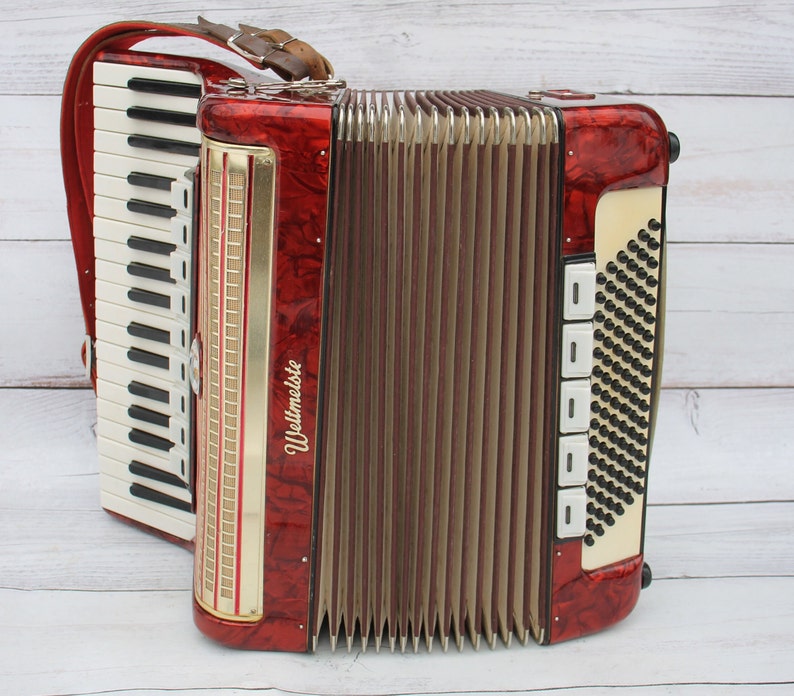Weltmeister button accordion,Working antique red rare piano button accordion Germany,registers 95 37 keys,vintage muical instruments,Bayan image 1