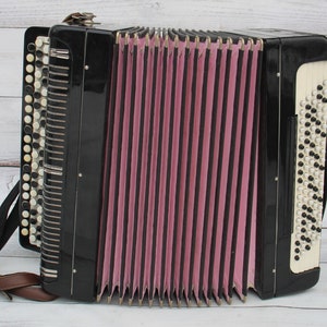 Antique button accordion with register, harmonic, musical instrument, worker black accordion instrument made USSR, russian button accordion.