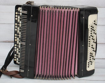 Antique button accordion with register, harmonic, musical instrument, worker black accordion instrument made USSR, russian button accordion.