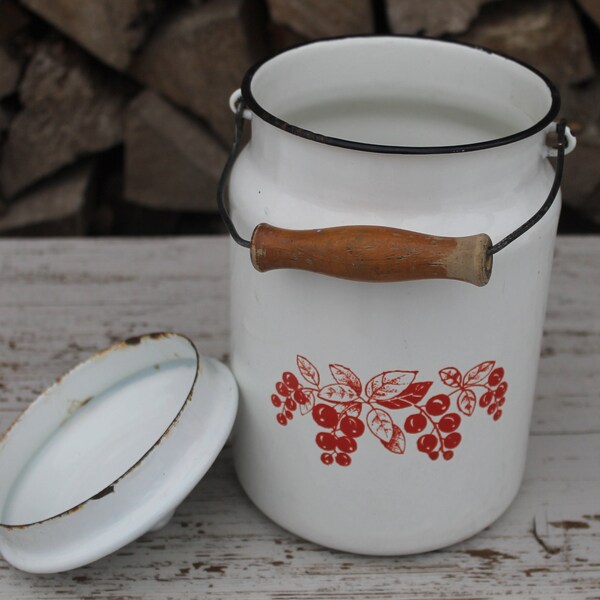 Vintage white milk can, soviet canister for rustic home decor, enamelware canister made in the USSR in the 1970s.