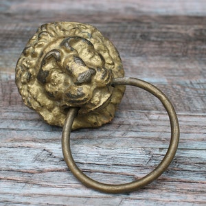 Puede incluir: Un llamador de puerta de cabeza de león dorado con un asa de anillo.