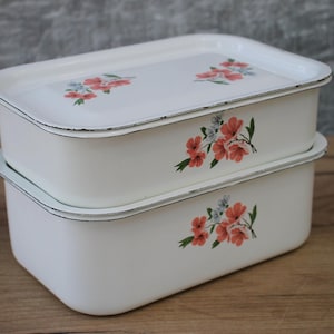 May include: Two white enamelware rectangular storage containers with floral designs. The containers are stacked on top of each other. The floral design features pink flowers and green leaves.