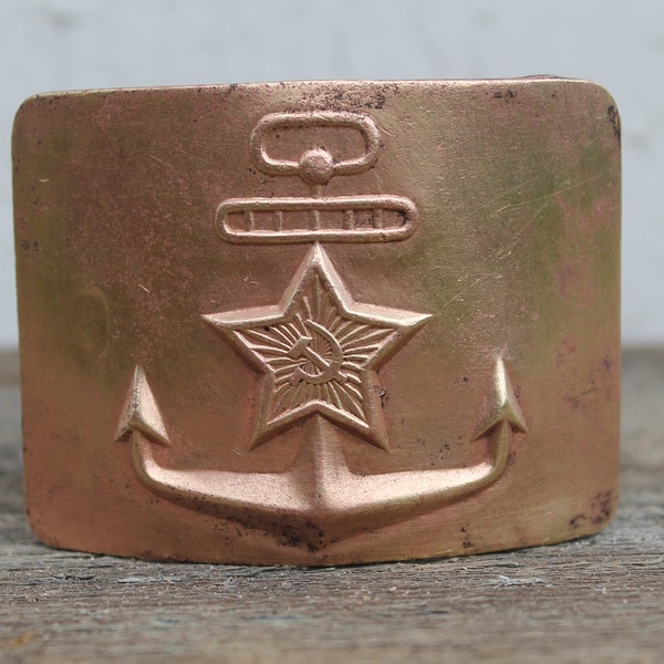Vintage USSR Brass Belt Buckle, Soviet Anchor Star Decor
