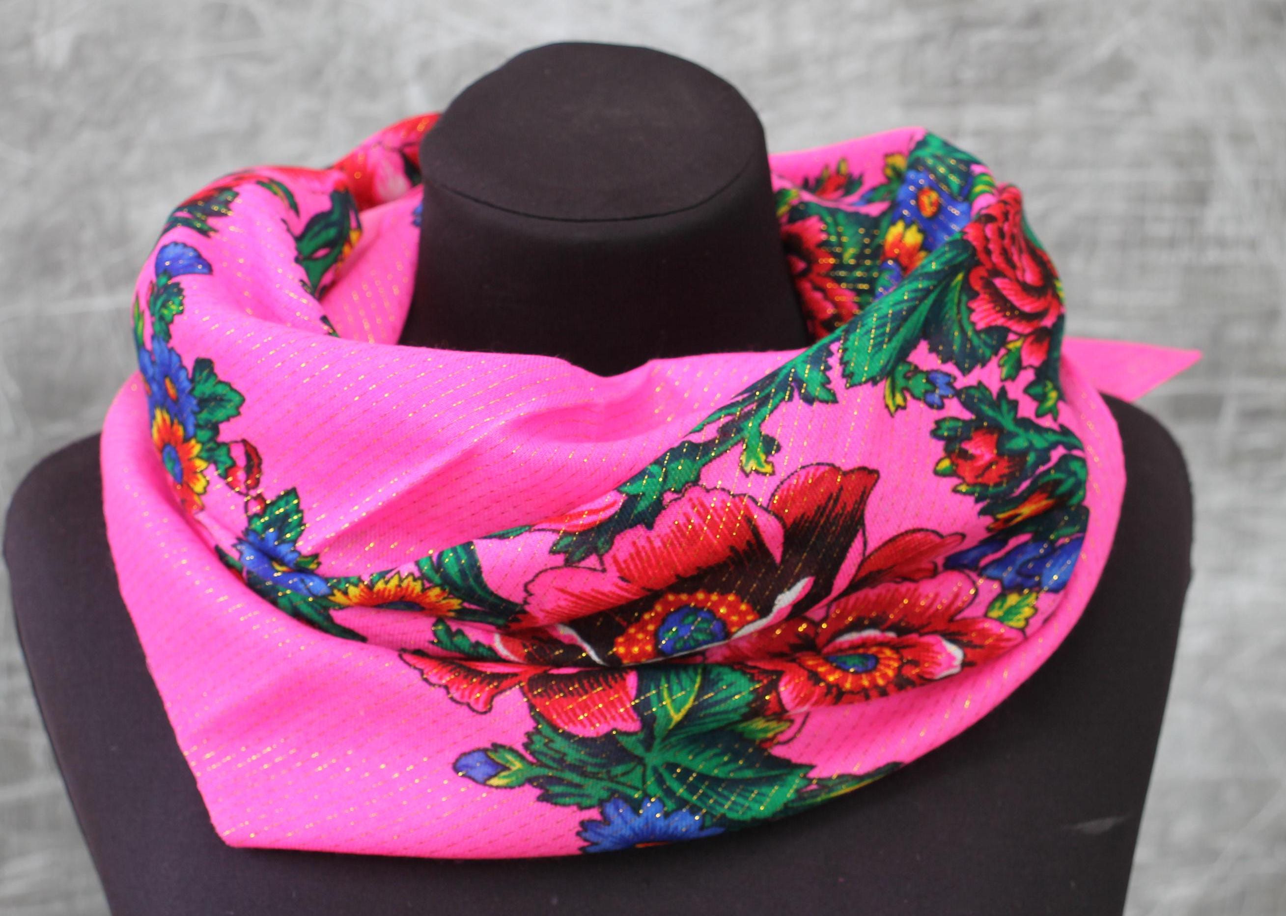 Grand Foulard Cache-Écharpe Floral Style Russe – Fleurs De Lys Multicolores, Laine Mélangée 110x110 Cm
