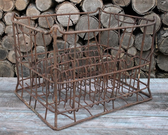 Vintage USSR Metal Milk Crate, Farmhouse Firewood Storage, 1970s