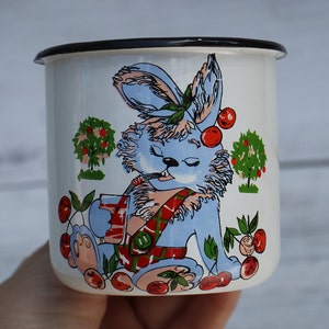 New enamel mug with rabbit, camp mugs USSR, mug retro, camping enameled mug with a bunny, vintage campfire mug, metal travel mug made USSR