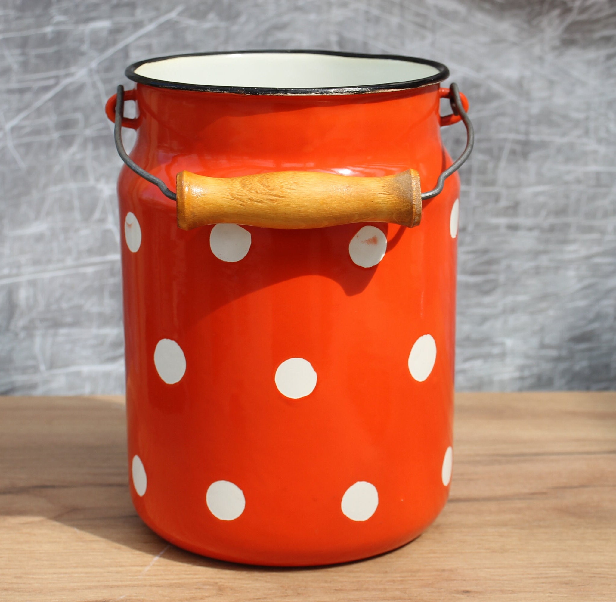 Vintage Red Enamel Milk Can, White Polka Dots, Rustic Farmhouse Vintage Red Enamel Milk Can, White Polka Dots, Rustic Farmhouse