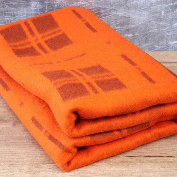 Nos Wool blanket,vintage soviet checkered orange blanket, russian woolen blanket, blanket on coat, plaid blanket, wool checkered blanket.