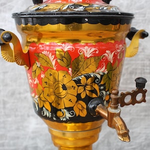 Arbeiten russischer Samowar 3 L, Samowar elektrisch, rot schwarzes Samowar für Geschenk, Vintage Teekanne, elektrischer Samowar für Küchendekor, Khokhloma.