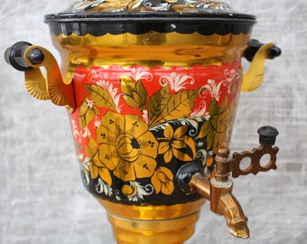 Vintage Khokhloma Samovar, Red and Black Floral Tea Pot, Electric 3L