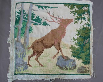 ヴィンテージクロスステッチタペストリー猫と犬の刺繍絵手織りウール