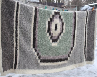 Vintage big heavy scandinavian wool blanket, gray natural wool plaid, woolen bedspread, soviet large wool blanket, Russian wool bedspread.
