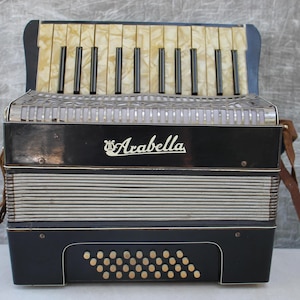 Accordion worker Arabella, black bayan accordion, harmonic, antique button accordion, retro vintage muical instruments,black Bayan made USSR