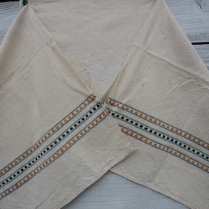 May include: Two white cotton dish towels with a blue, green, and yellow striped border. The towels are folded in half and laid out on a white wooden surface.