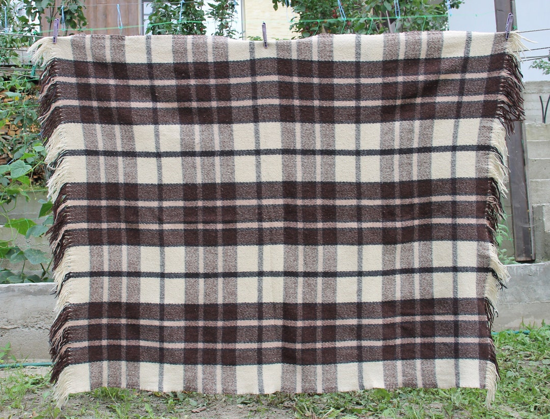 Wool Plaid Vintage, Brown Russian Blanket, Woolen Soviet Blanket