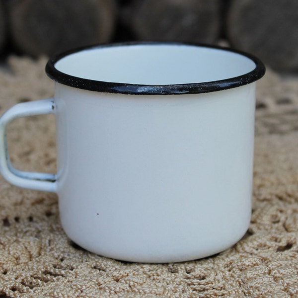 Vintage white enamel mug, camping mug for gift, soviet travel mug, old metal camping mug, retro coffee mug made in USSR in 1980s.