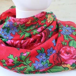 Vintage Red Floral Headscarf 76x72 cm, Traditional Ukrainian Babushka Shawl, Bright Folk Style Square Kerchief, handkerchief with flowers.