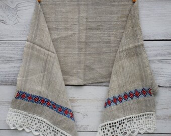Vintage Embroidered Linen Tea Towel, Ukrainian Rushnyk, Rustic Decor