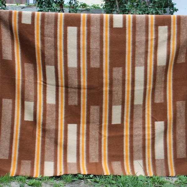 New Checkered plaid, brown wool bedspread vintage, plaid fabric by the yard, bed bedspread, throw blanket boho for farmhouse, soviet blanket