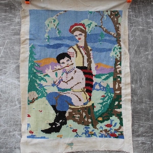 Embroidered picture Ukraine,cross stitch picture vintage, ukrainian embroidery gift, antique picture for wall decor, old tapestry made USSR.