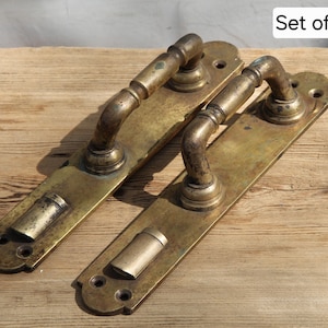 Pair of Antique Brass Door Handles with Backplates , Set of 2 Heavy Vintage Brass Pull Handles , Marked BS KROPOL VTUL