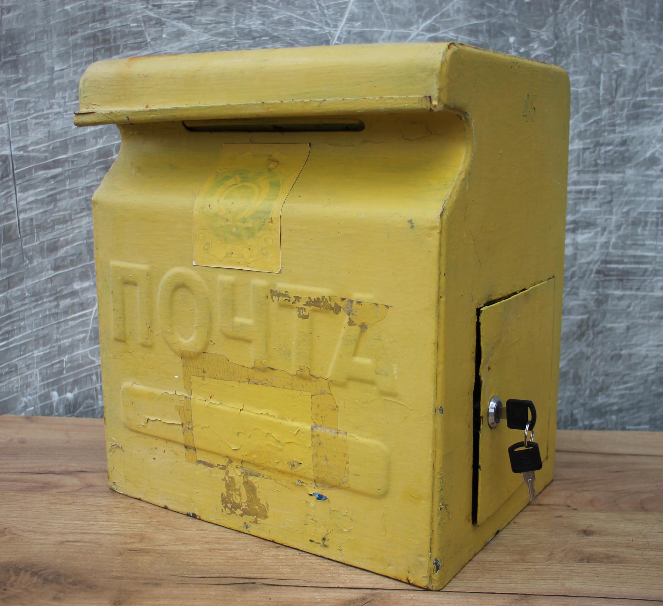 Vintage Yellow Metal Mailbox, Soviet USSR Decor, Wall Mount Letter